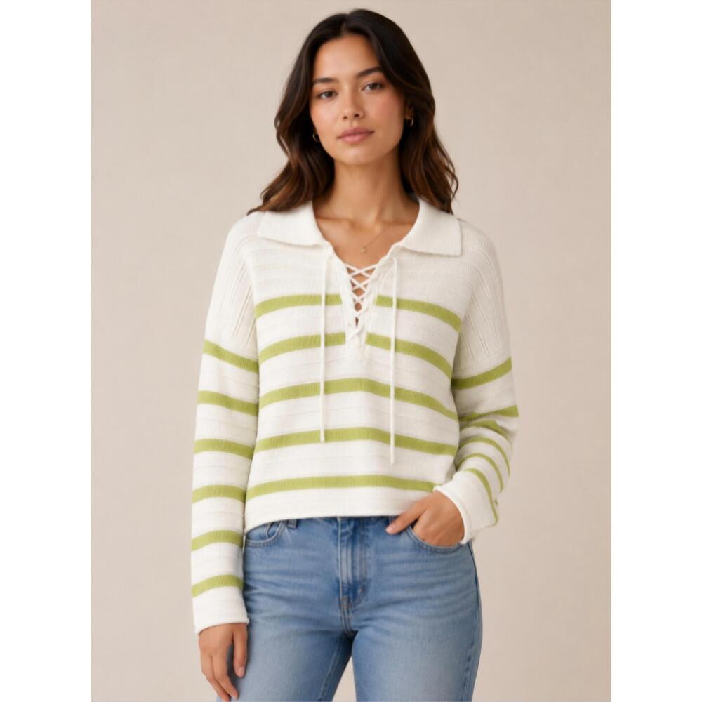 NEW PHOEBE JON cori drawstring sweater in citron/white